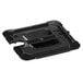 A black polycarbonate food pan lid with a notch and handle on a black plastic food pan.