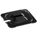 A black plastic Vigor 1/6 size food pan lid with a square notch and handle.
