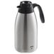 A silver stainless steel Thermos Brew-Thru coffee carafe with a black handle.