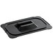 A black plastic rectangular food pan lid with a handle.