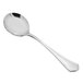 A Fortessa Medici stainless steel bouillon spoon with a handle.