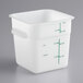 A white square polyethylene food storage container with green writing on it.