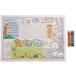 A white zoo themed placemat with cartoon animals and words to color with crayons.