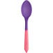 A pink to purple plastic dessert spoon with a handle.