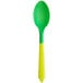 A yellow to green plastic dessert spoon with a handle.