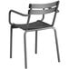 A Lancaster Table & Seating matte gray aluminum arm chair with metal legs.