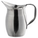 A silver stainless steel Libbey pitcher with a handle.