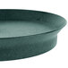 A close-up of a round dark green polypropylene deli server with a black tray.