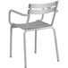 A silver powder coated aluminum arm chair with a white seat and backrest.