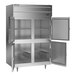 A Beverage-Air stainless steel heated holding cabinet with two open grey half doors.