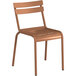 A brown powder coated aluminum chair with a wood seat.