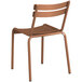 A brown powder coated aluminum chair with metal legs and a wooden seat.