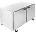 A silver Beverage-Air undercounter refrigerator/freezer with two doors on wheels.