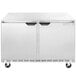 A silver stainless steel Beverage-Air undercounter refrigerator / freezer with two doors.