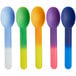 Assorted color-changing heavy weight frozen yogurt spoons in green, blue, purple, pink, and yellow.
