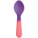 A pink to purple plastic tasting spoon with a spoon handle.
