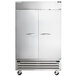 A Beverage-Air stainless steel commercial combination refrigerator/freezer with solid doors.