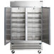 A stainless steel Beverage-Air Horizon Series refrigerator / freezer with two solid doors open.