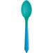 A blue and green plastic dessert spoon.