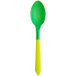 A yellow to green plastic dessert spoon with a spoon handle.