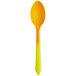 A yellow and orange plastic dessert spoon.