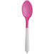 A pearl to pink color-changing plastic dessert spoon with a white handle.
