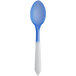 A white dessert spoon with a blue tip.