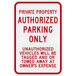 A white rectangular sign with a red diamond border and red text reading "Private Property / Authorized Parking Only" above a red diamond.