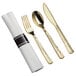A Visions pre-rolled napkin and Hammersmith gold plastic cutlery set with a fork, knife, and spoon on a white background.