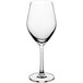 An Acopa Elevation wine glass with a stem filled with wine on a white background.