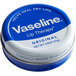 A blue and white Vaseline Lip Therapy tin with white text.
