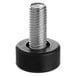 A close-up of a black and silver screw with a black base.