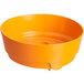An orange plastic bowl with a hole.