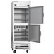 A white Beverage-Air Horizon Series dual temperature refrigerator with a silver frame and two doors open.
