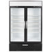 A black Beverage-Air glass door refrigerator with black and white accents.
