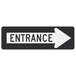 A white and black reflective aluminum sign with a black border and text reading "Entrance" and a white arrow pointing to the right.