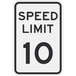 A white and black aluminum sign reading "Speed Limit 10" with black text.