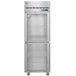 A stainless steel Hoshizaki reach-in freezer with half glass doors and shelves.