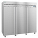 A large silver Hoshizaki reach-in refrigerator with stainless steel doors and wheels.