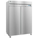 A silver Hoshizaki reach-in freezer with two stainless steel doors.