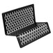 A black metal business card holder with a punched metal pattern.