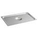 A Carlisle stainless steel rectangular pan cover with a handle.