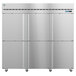 A large silver Hoshizaki reach-in refrigerator with three half solid doors.