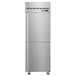 A silver Hoshizaki reach-in freezer with half solid doors.