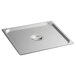A Carlisle stainless steel steam table pan cover on a stainless steel tray.