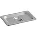 A Carlisle stainless steel steam table pan cover with a handle.