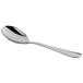 A Libbey stainless steel bouillon spoon with a silver handle on a white background.