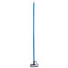 A blue Carlisle mop handle with a plastic head and quick-release feature.