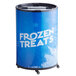 A Galaxy glass door freezer with a blue and white "Frozen Treats" sign on it.