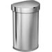 A simplehuman brushed stainless steel semi-round motion sensor trash can with a lid.